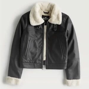 Hollister Black Leather Jacket with Cream Fur Accents
